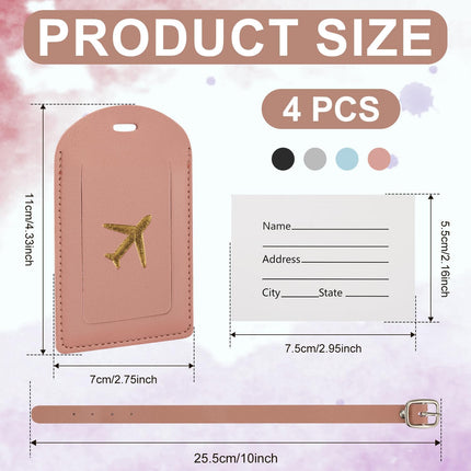 4pcs Luggage Tags, PU Suitcase Tags with Adjustable Strap, Privacy Cover, Blue, Gray, Black, Pink -.