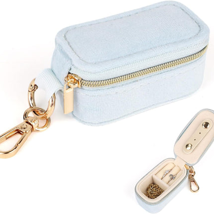 Mini Jewelry Travel Velvet Case, 2-In-1 Ring Holder Keychain Organizer Fit Women Small Partitioned Earrings Box for Storing Necklace Pendants (Blue) -.
