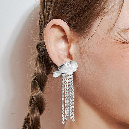 2pcs Western Cowgirl Hat Earrings, Alloy Stylish Silver Cowboy Rhinestone Dangle Tassel Earrings Small Jewelry Accessories for Women Friends Wife Gift -.