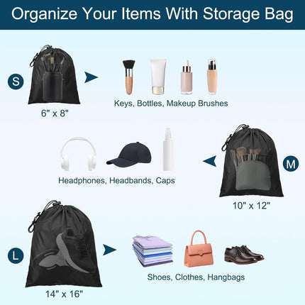 Travel Storage Bags with Toggle 10 x 12 Inch, 6 Pack Waterproof 210D Polyester Drawstring Bag Stuff Sack Cinch for Gym Traveling Hiking Yoga Shoes Organizer, Black Inch.