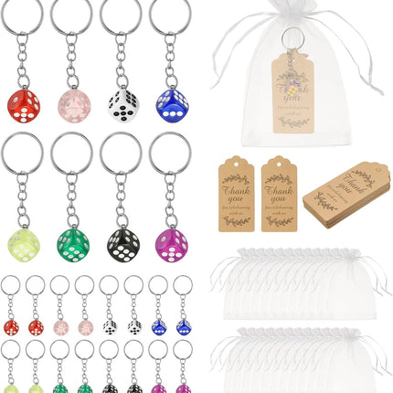 Dice Key Chains Bulk with Jute Twine Gift Tag/Mesh Bag, Creative Keyring Charm Pendant for Bag Cellphone Accessories Pink/Blue/Roes Red/Yellow/Green/Red/White/Black -.