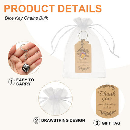 Dice Key Chains Bulk with Jute Twine Gift Tag/Mesh Bag, Creative Keyring Charm Pendant for Bag Cellphone Accessories Pink/Blue/Roes Red/Yellow/Green/Red/White/Black -.