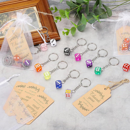 Dice Key Chains Bulk with Jute Twine Gift Tag/Mesh Bag, Creative Keyring Charm Pendant for Bag Cellphone Accessories Pink/Blue/Roes Red/Yellow/Green/Red/White/Black -.