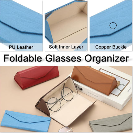 Foldable Glasses Case, Triangle Magnetic Sunglasses Organizer Case PU Leather Hard Eyeglass with Cloth Bright Blue -.