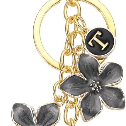 Initial Letter Flower Keychain, Alphabet Drip Oil Charm Cherry Blossom Keyring Keys for Birthdays Black -.