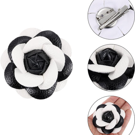 Flower Hair Clips, Camellia Hairpin Floral Brooches Pin Handmade Leather Brooch for Lady Bridal Women Hat Dress Black White -.