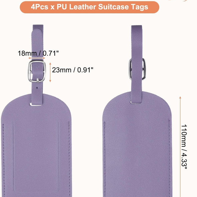 4Pcs Luggage Tags, Colored Labels PU Leather Suitcase Tag with Stainless Steel Loop Privacy Cover Name ID Address Card for Baggage Bag Backpacks Handbag, Purple -.