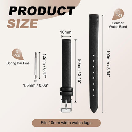 Leather Watch Band Soft Genuine Straps Quick Release Flexible Strap with Spring Bar Pins for Men Women Black 10mm.