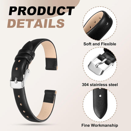 Leather Watch Band Soft Genuine Straps Quick Release Flexible Strap with Spring Bar Pins for Men Women Black 10mm.