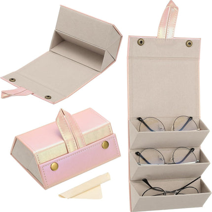 Travel Sunglasses Organizer, Foldable Holder Leather Sunglass Storage Organizer Case Portable Pink -.