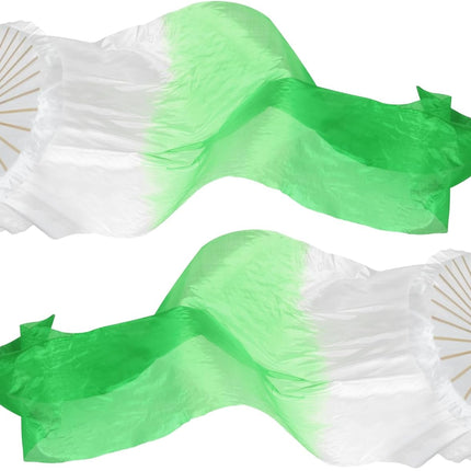 16 Fan Belly Dance Silk Veil 59", 1 Pair (Left+Right) Women Long Folding Wood for Performance, White Green 59".