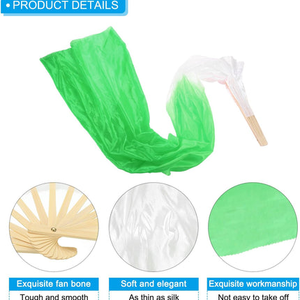 16 Fan Belly Dance Silk Veil 59", 1 Pair (Left+Right) Women Long Folding Wood for Performance, White Green 59".
