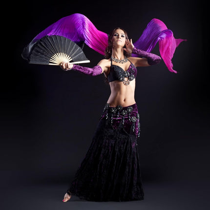16 Fan Belly Dance Silk Veil 59", 1 Pair (Left+Right) Women Long Folding Wood for Performance, White Green 59".