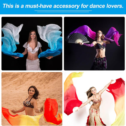16 Fan Belly Dance Silk Veil 59", 1 Pair (Left+Right) Women Long Folding Wood for Performance, White Green 59".