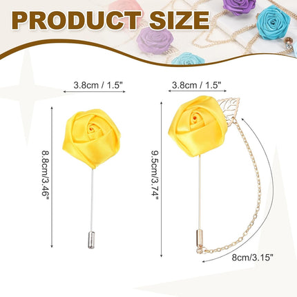 Rose Flower Lapel Pin for Men, 2 Style Cloth Brooch Kit Gold Leaf Tassel Chain Satin Boutonnieres Stick Men Yellow -.