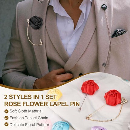 Rose Flower Lapel Pin for Men, 2 Style Cloth Brooch Kit Gold Leaf Tassel Chain Satin Boutonnieres Stick Men Yellow -.