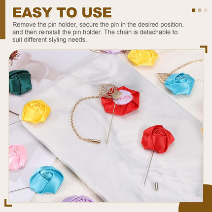Rose Flower Lapel Pin for Men, 2 Style Cloth Brooch Kit Gold Leaf Tassel Chain Satin Boutonnieres Stick Men Yellow -.