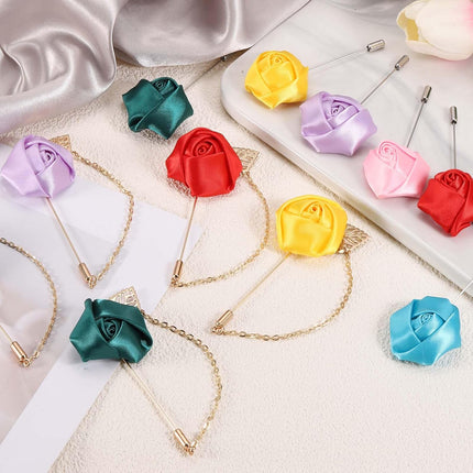 Rose Flower Lapel Pin for Men, 2 Style Cloth Brooch Kit Gold Leaf Tassel Chain Satin Boutonnieres Stick Men Yellow -.