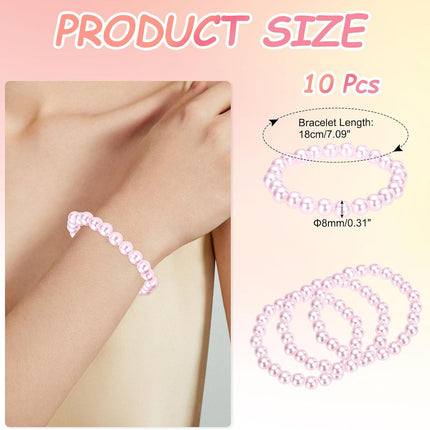 10 Pcs White Pearl Bracelets for Women, 8mm Stackable Faux Beads Stretch Bracelet Lady Bridal Bridesmaid Wedding Party Gifts, Pink -.