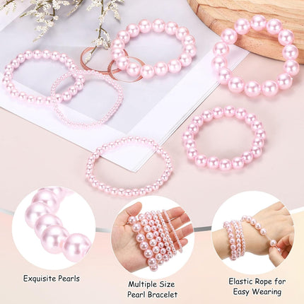10 Pcs White Pearl Bracelets for Women, 8mm Stackable Faux Beads Stretch Bracelet Lady Bridal Bridesmaid Wedding Party Gifts, Pink -.