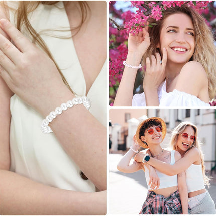 10 Pcs White Pearl Bracelets for Women, 8mm Stackable Faux Beads Stretch Bracelet Lady Bridal Bridesmaid Wedding Party Gifts, Pink -.