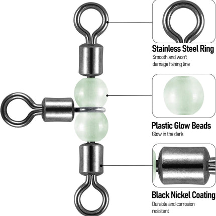 20 Pack 3-Way Fishing Swivels with Glow Beads Barrel Tackle T Shape Stainless Steel Three Way Catfish Rig - #1/0*#2/0(125LB, 1.6").