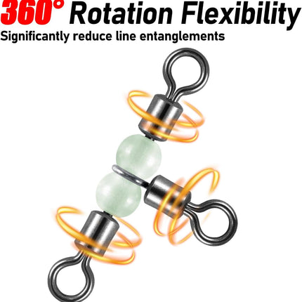 20 Pack 3-Way Fishing Swivels with Glow Beads Barrel Tackle T Shape Stainless Steel Three Way Catfish Rig - #1/0*#2/0(125LB, 1.6").