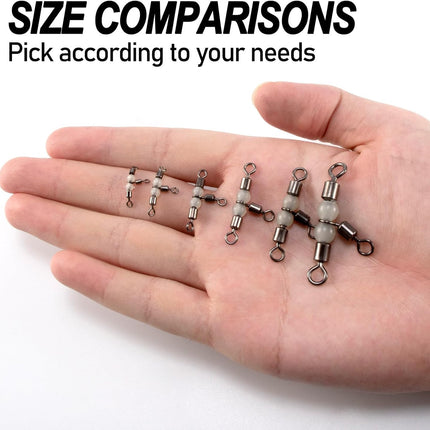 20 Pack 3-Way Fishing Swivels with Glow Beads Barrel Tackle T Shape Stainless Steel Three Way Catfish Rig - #1/0*#2/0(125LB, 1.6").