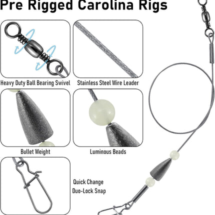 15 Pack Carolina Ready Rigs 10'' for Bass Fishing, Freshwater Fishing Wire Leader Line Pre-Rigged Bullet Sinker Swivels Lead Weights 3/16oz-15.