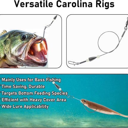 15 Pack Carolina Ready Rigs 10'' for Bass Fishing, Freshwater Fishing Wire Leader Line Pre-Rigged Bullet Sinker Swivels Lead Weights 3/16oz-15.