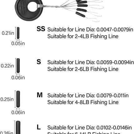 1200pcs Fishing Rubber Bobber Stoppers 6 in 1 Float Sinker Stops Black Oval Cylinder for Line Shape M(4-8LB Line).