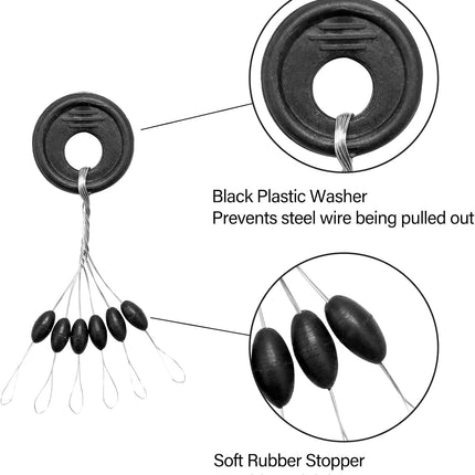 1200pcs Fishing Rubber Bobber Stoppers 6 in 1 Float Sinker Stops Black Oval Cylinder for Line Shape M(4-8LB Line).