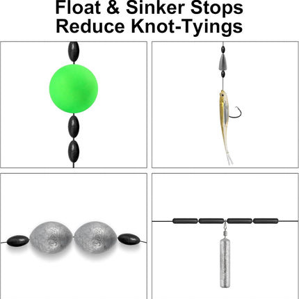 1200pcs Fishing Rubber Bobber Stoppers 6 in 1 Float Sinker Stops Black Oval Cylinder for Line Shape M(4-8LB Line).
