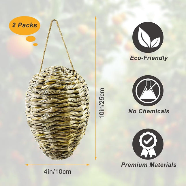 Woven Crochet Wasp Nest Decoy, Waterproof Faux Hanging Hornets Hive Nests Artificial Fake Decoy Decoration for Patio Eaves Yard Home Yellow-weed-2pcs-10×4In -.