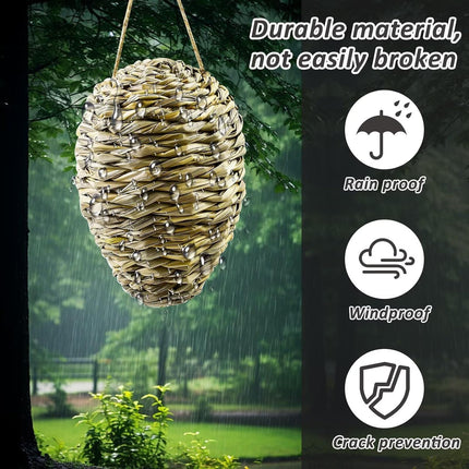 Woven Crochet Wasp Nest Decoy, Waterproof Faux Hanging Hornets Hive Nests Artificial Fake Decoy Decoration for Patio Eaves Yard Home Yellow-weed-2pcs-10×4In -.