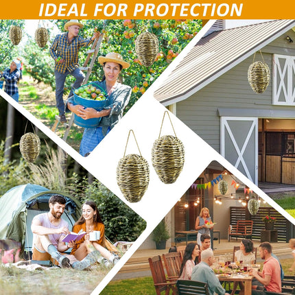 Woven Crochet Wasp Nest Decoy, Waterproof Faux Hanging Hornets Hive Nests Artificial Fake Decoy Decoration for Patio Eaves Yard Home Yellow-weed-2pcs-10×4In -.