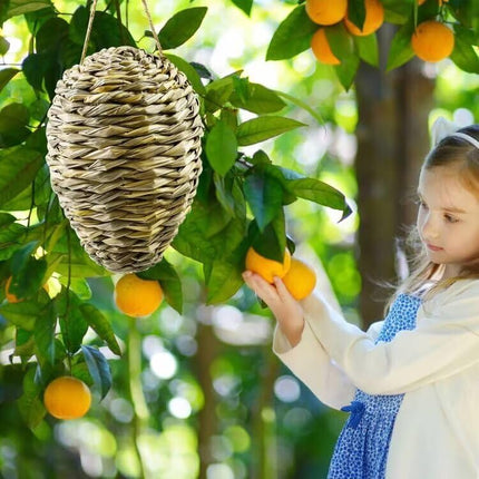 Woven Crochet Wasp Nest Decoy, Waterproof Faux Hanging Hornets Hive Nests Artificial Fake Decoy Decoration for Patio Eaves Yard Home Yellow-weed-2pcs-10×4In -.