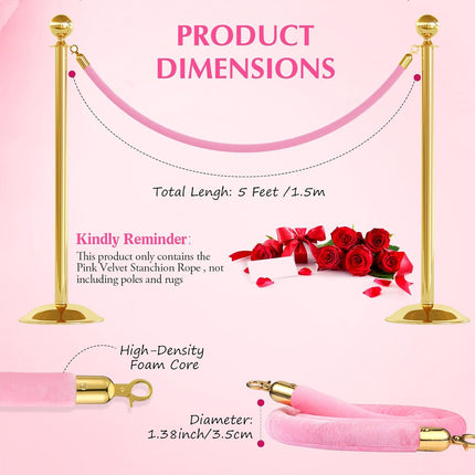 4 Pieces Pink Velvet Stanchion Rope 5 Feet Ropes with Gold Clasps for Party Hotels Wedding Movie Theaters Grand Openings Crowd Control Barrier Supplies -.