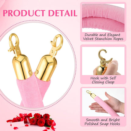 4 Pieces Pink Velvet Stanchion Rope 5 Feet Ropes with Gold Clasps for Party Hotels Wedding Movie Theaters Grand Openings Crowd Control Barrier Supplies -.