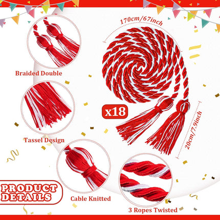 18 Pieces Graduation Cords Bulk 2026 Polyester Yarn Honor 67 Inch Braided Ropes with Tassels for College Students (Red and White) Red White -.