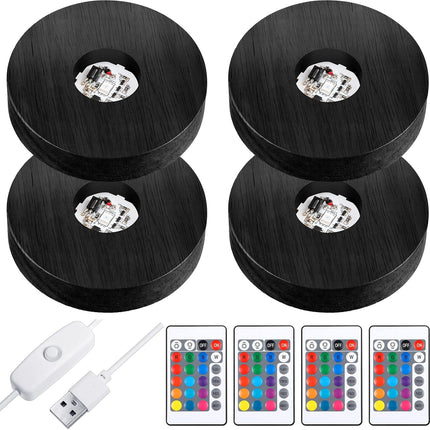 4 Pieces Wood LED Display Light Base Crystal Stand Remote Control Round 16 Lighting Modes Wooden Lighted Holder Colorful Pedestal for Glass Resin Ball(Black) black -.