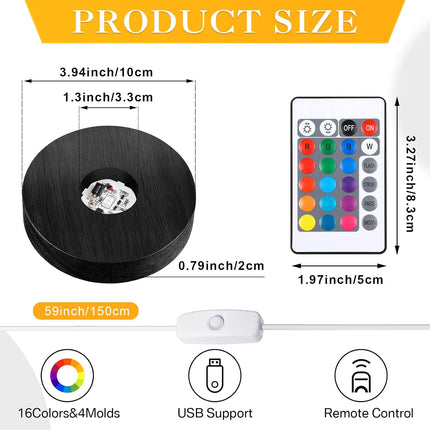 4 Pieces Wood LED Display Light Base Crystal Stand Remote Control Round 16 Lighting Modes Wooden Lighted Holder Colorful Pedestal for Glass Resin Ball(Black) black -.