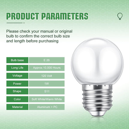 LED Night Light Bulb 1 Watt Low Wattage Bulbs 7.5 Equivalent 4511220 Lighting S11 White Lightbulb Small Globe with E26 Medium Base G45 2700k Not Dimmable for Outdoor Christmas, 8 Pieces -.