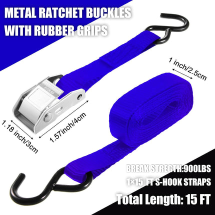 16 Pcs Cambuckle Tie Down Straps 1763lbs Break Strength Securing 1'' x 15 ft Downs with S Hook for Motorcycle, Kayak, Car, Truck, Boat Moving, Cargo(Blue) Blue -.