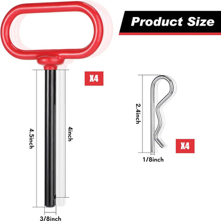 4 Pcs 3/8 x Inch Handle Hitch Pin for Tractor Trailer and Clip Tow Accessories Farm,Tractor,Turn Mower, Towing Cargo, Boat, RV, Car, Truck, Bike, ATV(Red) Red -.