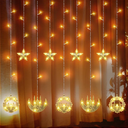 2 Pack Eid Mubarak Fairy Curtain Lights 9.84 ft Star Moon Castle LED Window for Ramadan Home Decoration Gifts Wedding Christmas Party Indoor Holiday -.