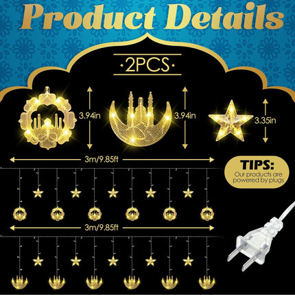 2 Pack Eid Mubarak Fairy Curtain Lights 9.84 ft Star Moon Castle LED Window for Ramadan Home Decoration Gifts Wedding Christmas Party Indoor Holiday -.