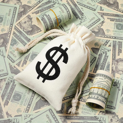 48 Pcs Canvas Money Bags Bulk with Drawstring Dollar Sign Sacks Pouch 4.3 x 7.1 Inch Cash Coin Props for Halloween Bank Robber Pirate Cosplay Party Favors -.