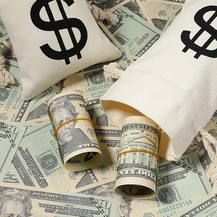 48 Pcs Canvas Money Bags Bulk with Drawstring Dollar Sign Sacks Pouch 4.3 x 7.1 Inch Cash Coin Props for Halloween Bank Robber Pirate Cosplay Party Favors -.