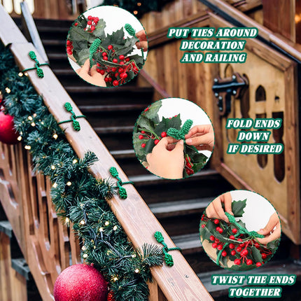 20 Pcs Christmas Inches and 16 Set Decorative Garland Twist Ties Decor for Xmas Holiday Lights Bannisters Stairways Railings (Green) Green -.